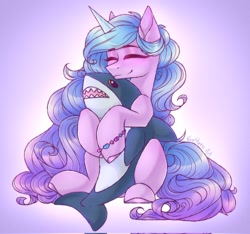Size: 2048x1920 | Tagged: safe, artist:kreteen art, character:izzy moonbow, species:pony, species:unicorn, g4, bracelet, colored hooves, cute, eyebrows, eyebrows visible through hair, eyes closed, female, gradient background, gradient hair, hooves, hug, izzybetes, jewelry, mare, multicolored hair, plushie, shark plushie, sitting, smiling, solo, toy