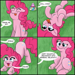 Size: 2500x2500 | Tagged: safe, artist:doodledonut, character:pinkie pie, species:earth pony, species:pony, g4, behaving like a dog, chest fluff, comic, confused, cupcake, dialogue, eyes closed, female, floppy ears, food, frown, general relativity, grass, mare, on back, open mouth, physics, puppy pie, quantum mechanics, sitting, solo, speech bubble, text, this will end in science, tongue out