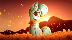 Size: 3840x2160 | Tagged: safe, artist:alexbefest, character:lyra heartstrings, species:pony, species:unicorn, g4, cute, ear fluff, effects, eyebrows, female, flower, hoof hold, lens flare, looking at you, mare, neon, orange, petals, raised hoof, sitting, solo, sunset, three quarter view