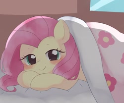 Size: 1885x1565 | Tagged: safe, artist:ginmaruxx, character:fluttershy, species:pegasus, species:pony, g4, bed, bedroom, blanket, blushing, cute, dawwww, female, in bed, indoors, looking at you, lying down, mare, prone, shyabetes, smiling, smiling at you, solo