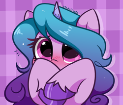 Size: 4174x3579 | Tagged: safe, artist:kittyrosie, character:izzy moonbow, species:pony, species:unicorn, g5, my little pony: a new generation, abstract background, blushing, colored hooves, cute, female, gradient hair, hiding behind hooves, hooves, izzybetes, kittyrosie is trying to murder us, looking at you, mare, multicolored hair, raised hoof, shy, signature, solo, unshorn fetlocks, weapons-grade cute