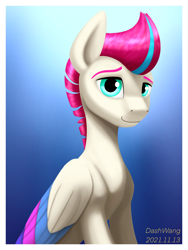 Size: 1668x2224 | Tagged: safe, artist:dash wang, character:zipp storm, species:pegasus, species:pony, g5, bust, colored eyebrows, colored wings, female, folded wings, gradient background, looking at you, mare, multicolored wings, signature, simple background, solo, three quarter view, wings