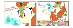 Size: 3722x1448 | Tagged: safe, artist:icey, character:autumn blaze, species:kirin, g4, 2 panel comic, autumn blaze's puppet, comic, cooking, cute, cute little fangs, dialogue, fangs, female, flour, fortune cookie, glowing horn, looking at something, magic, magic aura, open mouth, paintbrush, raised hoof, sad, sadorable, sharp teeth, simple background, solo, telekinesis, white background
