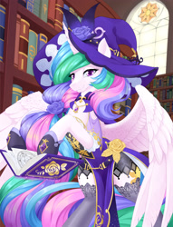 Size: 2937x3840 | Tagged: safe, artist:dstears, character:princess celestia, species:alicorn, species:pony, g4, alternate hairstyle, belt, book, clothing, cosplay, costume, female, flower, genshin impact, gloves, glowing horn, hat, jewelry, librarian, lisa (genshin impact), magic, magic aura, mare, necklace, rose, socks, solo, stockings, telekinesis, thigh highs, witch hat