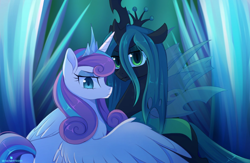 Size: 1872x1218 | Tagged: dead source, safe, artist:verawitch, character:princess flurry heart, character:queen chrysalis, species:alicorn, species:changeling, species:pony, ship:flurryalis, g4, crown, female, frown, glare, jewelry, lesbian, lidded eyes, looking at you, mare, older, older flurry heart, profile, regalia, shipping, spread wings, wings