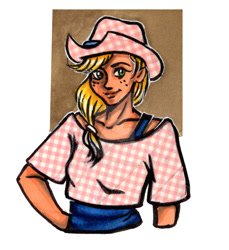 Size: 900x983 | Tagged: safe, artist:mamaood, character:applejack, species:human, g4, my little pony:equestria girls, bra strap, clothing, cowboy hat, female, freckles, hat, plaid, smiling, solo