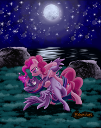 Size: 1183x1493 | Tagged: safe, artist:halsenbert, character:pinkie pie, character:twilight sparkle, character:twilight sparkle (alicorn), species:alicorn, species:earth pony, species:pony, ship:twinkie, g4, belly button, bipedal, dancing, female, full moon, glowing horn, horn, lesbian, lidded eyes, looking at each other, magic, mare, moon, night, profile, shipping, signature, spread wings, underhoof, wings