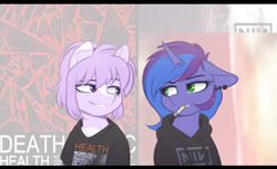 Size: 1697x1037 | Tagged: safe, artist:higgly-chan, oc, oc only, oc:blue monday, oc:mio, species:earth pony, species:pony, species:unicorn, g4, cigarette, clothing, death magic, duo, eyebrows, eyebrows visible through hair, female, floppy ears, health, hoodie, horn, looking at each other, mare, nine inch nails, shirt, the fragile, unicorn oc