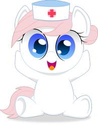 Size: 955x1225 | Tagged: safe, alternate version, artist:spellboundcanvas, character:nurse redheart, species:earth pony, species:pony, g4, adorable face, chibi, clothing, cute, female, filly, filly nurse redheart, hat, heartabetes, looking at you, mare, nurse hat, open mouth, open smile, simple background, sitting, smiling, smiling at you, solo, transparent background, tubby, young