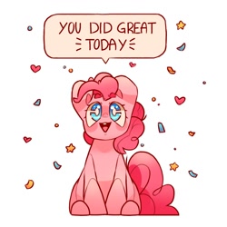 Size: 2000x2000 | Tagged: safe, artist:cocopudu, character:pinkie pie, species:earth pony, species:pony, g4, confetti, cute, dialogue, diapinkes, female, heart, looking at you, mare, open mouth, simple background, sitting, solo, speech bubble, talking to viewer, text, white background