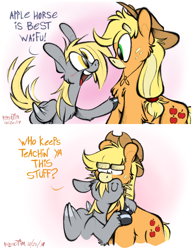 Size: 1016x1318 | Tagged: safe, artist:powerjam, character:applejack, character:derpy hooves, species:earth pony, species:pegasus, species:pony, ship:derpyjack, g4, colored eyebrows, colored hooves, comic, cute, derpabetes, dialogue, eye clipping through hair, female, fluffy, hooves, hug, lesbian, mare, neck nuzzle, nuzzling, poking, profile, shipping, thick eyebrows, unshorn fetlocks, waifu
