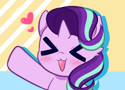 Size: 6800x4900 | Tagged: safe, artist:kittyrosie, character:starlight glimmer, species:pony, species:unicorn, g4, >.<, abstract background, blushing, cute, eyes closed, female, floating heart, glimmerbetes, heart, mare, open mouth, raised hoof, signature, solo