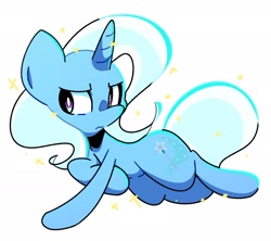 Size: 1930x1711 | Tagged: safe, artist:kindakismet, character:trixie, species:pony, species:unicorn, g4, black outlines, colored outlines, female, frown, lying down, mare, simple background, solo, sparkles, three quarter view, white background