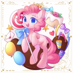 Size: 2500x2500 | Tagged: safe, artist:leafywind, character:pinkie pie, species:earth pony, species:pony, g4, balloon, cake, candy, colored pupils, cute, diapinkes, eyebrows, female, food, heart, high res, letter, lollipop, looking at you, mare, missing cutie mark, obtrusive watermark, open mouth, sample, solo, starry eyes, stars, streamers, watermark, wingding eyes