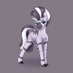 Size: 3200x3200 | Tagged: safe, artist:aquaticvibes, character:zecora, species:zebra, g4, colored hooves, female, gray background, hooves, looking at you, missing accessory, mohawk, simple background, smiling, solo