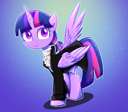 Size: 2729x2404 | Tagged: safe, artist:ketereissm, character:twilight sparkle, species:alicorn, species:pony, g4, alternate hairstyle, clothing, female, gradient background, looking at you, mare, ponytail, simple background, smiling, solo, spread wings, wings