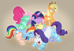 Size: 1496x1040 | Tagged: safe, artist:doodledonut, character:applejack, character:fluttershy, character:pinkie pie, character:rainbow dash, character:rarity, character:twilight sparkle, species:earth pony, species:pegasus, species:pony, species:unicorn, g4, balloonbutt, butt, clothing, cuddling, cute, eyes closed, female, floppy ears, gradient background, happy, mane six, mare, open mouth, open smile, raised hoof, sleeping, smiling, socks, striped socks