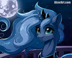 Size: 1000x807 | Tagged: safe, artist:alcor, character:princess luna, species:alicorn, species:pony, g4, balcony, bust, crown, ear fluff, ethereal mane, explicit source, female, full moon, galaxy mane, jewelry, mare, moon, necklace, night, peytral, portrait, regalia, smiling, solo
