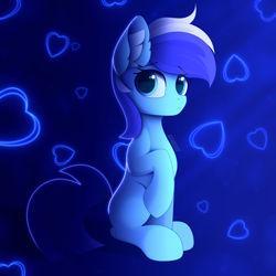 Size: 3000x3000 | Tagged: safe, artist:alexbefest, character:minuette, species:earth pony, species:pony, g4, abstract background, blue, blue background, colored eyebrows, cute, ear fluff, eyebrows, eyebrows visible through hair, eyes open, female, frown, heart, hornless unicorn, mare, missing horn, neon, raised hoof, simple background, sitting, solo, three quarter view