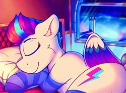 Size: 2878x2123 | Tagged: safe, artist:legionsunite, character:zipp storm, species:pegasus, species:pony, g5, my little pony: a new generation, adorazipp, bed, bedroom, butt, clothing, colored wings, cute, eyes closed, female, floppy ears, indoors, lying down, mare, multicolored wings, pillow, profile, sleeping, socks, solo, wings