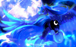 Size: 875x535 | Tagged: safe, artist:dolorosacake, character:princess luna, species:alicorn, species:pony, g4, butt, female, flight, flying, hooves, mare, moon, night, plot, sketch, smiling, solo, spread wings, underhoof, wing fluff, wings