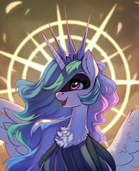 Size: 1734x2122 | Tagged: safe, artist:taneysha, character:princess celestia, species:alicorn, species:pony, g4, abstract background, chest fluff, crossover, crown, feather, female, hair over one eye, halo, hollow knight, jewelry, mare, open mouth, open smile, regalia, smiling, solo, spikes, spread wings, three quarter view, wing fluff, wings