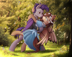 Size: 3900x3100 | Tagged: safe, artist:uliovka, oc, oc only, oc:ondrea, oc:thunder run, species:bat pony, species:pegasus, species:pony, g4, bipedal, clothing, colored hooves, commission, dress, female, forest, freckles, grass, hooves, lidded eyes, looking at each other, male, mare, oc x oc, profile, romantic, scenery, shipping, smiling, stallion, straight, thundrea, tribal markings, unshorn fetlocks, wings