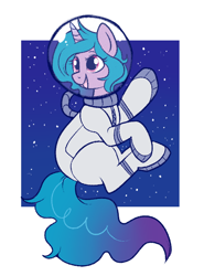 Size: 530x718 | Tagged: safe, artist:lulubell, derpibooru original, character:izzy moonbow, species:pony, species:unicorn, g5, my little pony: a new generation, clothing, cute, female, gradient hair, izzybetes, mare, multicolored hair, open mouth, open smile, out of frame, smiling, solo, space suit, waving