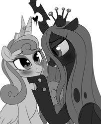 Size: 800x985 | Tagged: dead source, safe, artist:verawitch, character:princess flurry heart, character:queen chrysalis, species:changeling, species:pony, inktober, ship:flurryalis, g4, blushing, crack shipping, female, floppy ears, grayscale, heart, holding head, hoof on chin, hooves, lesbian, looking at each other, mare, monochrome, older, shipping, smiling
