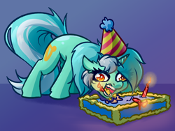 Size: 4000x3000 | Tagged: safe, artist:witchtaunter, character:lyra heartstrings, species:pony, species:unicorn, g4, birthday, birthday cake, cake, candle, clothing, dead eyes, derp, ear fluff, eating, eye clipping through hair, faec, female, food, full mouth, gradient background, hat, horses doing horse things, l.u.l.s., majestic as fuck, mare, open mouth, party hat, solo, this will end in fire, wide eyes