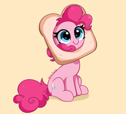 Size: 4854x4403 | Tagged: safe, artist:kittyrosie, character:pinkie pie, species:earth pony, species:pony, g4, absurd resolution, behaving like a cat, blushing, bread, cat breading, cute, diapinkes, female, food, mare, signature, simple background, sitting, smiling, solo, weapons-grade cute, wide eyes