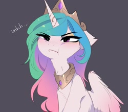 Size: 3309x2894 | Tagged: safe, artist:magnaluna, character:princess celestia, species:alicorn, species:pony, g4, :i, chest fluff, colored wings, crown, eye clipping through hair, eyebrows, eyebrows visible through hair, female, gradient wings, grumpy, jewelry, looking at you, mare, multicolored wings, necklace, peytral, pouting, regalia, simple background, solo, spread wings, wings