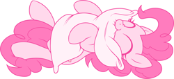 Size: 1000x456 | Tagged: safe, artist:stoic5, character:pinkie pie, species:earth pony, species:pony, g4, biting, cuddling, cute, diapinkes, eyes closed, female, hug, limited palette, lying down, mare, on back, pillow, pillow biting, simple background, smiling, solo, white background