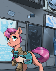 Size: 1435x1813 | Tagged: safe, artist:sinrar, character:sunny starscout, species:earth pony, species:pony, g5, alternate universe, bag, clothing, coat markings, colored eyebrows, colored hooves, cyberpunk, female, hooves, jacket, mare, propaganda, socks (coat marking), solo, sunny's buttons, three quarter view, unshorn fetlocks