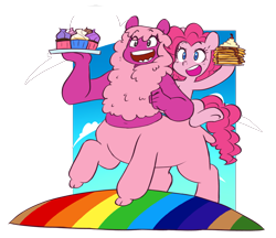 Size: 3271x2820 | Tagged: safe, artist:chub-wub, character:pinkie pie, species:centaur, species:earth pony, species:pony, g4, centaurworld, cloud, crossover, cupcake, diabetes intensifies, duo, eye clipping through hair, eyebrows, eyebrows visible through hair, female, fluffy, food, mare, open mouth, open smile, pancakes, plate, rainbow, simple background, sky, smiling, taur, transparent background, wammawink