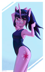 Size: 1500x2416 | Tagged: safe, artist:mrscroup, character:twilight sparkle, species:anthro, species:unicorn, g4, abstract background, clothing, cutie mark, eyebrows, eyebrows visible through hair, female, glasses, horn, looking at you, mare, meganekko, one-piece swimsuit, ponytail, round glasses, smiling, solo, swimsuit