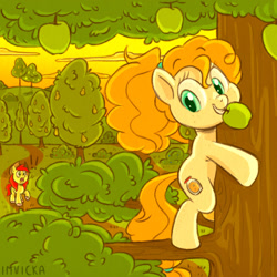 Size: 1280x1280 | Tagged: safe, artist:imvicka, character:bright mac, character:pear butter, species:earth pony, species:pony, ship:brightbutter, g4, apple, apple family member, apple tree, climbing, exclamation point, female, food, holding, male, mare, mouth hold, pear tree, shipping, signature, smiling, stallion, straight, teenager, tree