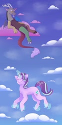 Size: 1890x3780 | Tagged: safe, artist:bl0ssombunny, character:discord, character:starlight glimmer, species:draconequus, species:pony, species:unicorn, g4, candy, cloud, cotton candy, cotton candy cloud, cutie mark, duo, eyes closed, female, floating, food, glowing horn, high res, horn, levitation, looking down, lying down, magic, magic aura, male, mare, on a cloud, self-levitation, sky, smiling, telekinesis