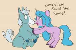 Size: 3496x2292 | Tagged: safe, artist:chub-wub, character:izzy moonbow, species:pony, species:unicorn, g5, spoilers for another series, bipedal, blushing, boop, centaurworld, colored eyebrows, colored hooves, crossover, cute, dialogue, duo, duo female, eye clipping through hair, eyebrows, eyebrows visible through hair, female, gradient hair, hooves, horse, horse (centaurworld), horse-pony interaction, izzybetes, kimiko glenn, looking at each other, mare, markings, multicolored hair, noseboop, omg, open mouth, profile, scrunchy face, sitting, unshorn fetlocks, voice actor joke