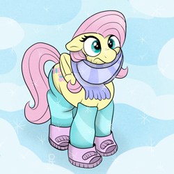 Size: 1673x1672 | Tagged: safe, artist:doodledonut, character:fluttershy, species:pegasus, species:pony, g4, boots, clothing, female, floppy ears, leg warmers, mare, scarf, shoes, signature, snow, solo, winter
