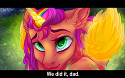 Size: 1280x801 | Tagged: safe, artist:castaspellliana, character:sunny starscout, species:alicorn, species:pony, g5, my little pony: a new generation, alicornified, artificial horn, artificial wings, augmented, colored pupils, dialogue, ear fluff, female, horn, implied argyle, magic, magic horn, magic wings, mare, multicolored hair, rainbow hair, signature, solo, sunnycorn, text, wings
