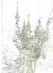 Size: 1159x1600 | Tagged: safe, artist:davedunnet, g4, architecture, beautiful, canterlot, canterlot castle, castle, concept art, grayscale, monochrome, no pony, official art, pencil drawing, scenery, traditional art, waterfall