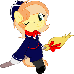 Size: 4997x5000 | Tagged: source needed, safe, artist:jhayarr23, oc, oc only, oc:fruitlines, species:earth pony, species:pony, g4, bipedal, broom, flight attendant, one eye closed, sitting, solo, transparent background, wink