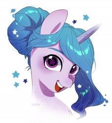 Size: 1956x2146 | Tagged: safe, artist:potetecyu_to, character:izzy moonbow, species:pony, species:unicorn, g5, my little pony: a new generation, alternate hairstyle, bust, colored eyebrows, cute, female, gradient hair, hair bun, izzybetes, looking at you, mare, multicolored hair, open mouth, open smile, simple background, smiling, solo, starry eyes, three quarter view, white background, wingding eyes