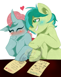 Size: 2190x2745 | Tagged: safe, artist:lemonkaiju, character:ocellus, character:sandbar, species:changeling, species:earth pony, species:pony, species:reformed changeling, ship:ocelbar, g4, blushing, chest fluff, cute, diaocelles, female, heart, high res, interspecies, male, paper, profile, sandabetes, shipping, simple background, smiling, straight, transparent background, unshorn fetlocks