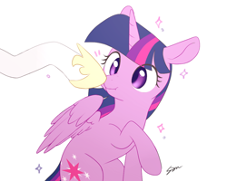 Size: 1000x800 | Tagged: safe, artist:sion, character:princess celestia, character:twilight sparkle, character:twilight sparkle (alicorn), species:alicorn, species:pony, ponytober, g4, boop, clothing, colored pupils, cute, disembodied hoof, eye clipping through hair, female, hoof shoes, mare, noseboop, offscreen character, raised hoof, scrunchy face, shoes, signature, simple background, sparkles, twiabetes, white background, wings