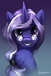 Size: 2000x3000 | Tagged: safe, artist:jedayskayvoker, oc, oc only, oc:martin, species:pony, species:unicorn, g4, bust, chest fluff, cute, eyebrows, eyebrows visible through hair, fluffy, glasses, gradient background, grin, high res, horn, icon, looking at you, male, ocbetes, portrait, signature, smiling, smiling at you, solo, stallion, unicorn oc