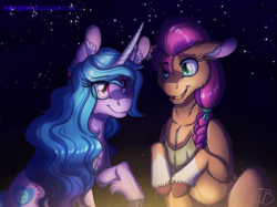 Size: 1077x807 | Tagged: safe, artist:inuhoshi-to-darkpen, character:izzy moonbow, character:sunny starscout, species:earth pony, species:pony, species:unicorn, g5, my little pony: a new generation, braid, campfire, chest fluff, coat markings, colored eyebrows, colored hooves, ear fluff, eye clipping through hair, eyebrows, eyebrows visible through hair, female, fire, floppy ears, gradient hair, hoof hold, hooves, looking at each other, mare, multicolored hair, night, night sky, open mouth, paper, raised hoof, sitting, sky, smiling, socks (coat marking), unshorn fetlocks
