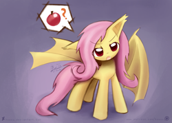 Size: 1209x866 | Tagged: safe, artist:howxu, character:flutterbat, character:fluttershy, species:bat pony, species:pony, g4, apple, bat wings, cute, dialogue, eyebrows, eyebrows visible through hair, female, food, gradient background, mare, open mouth, question mark, shyabates, shyabetes, signature, simple background, solo, speech bubble, text, wings