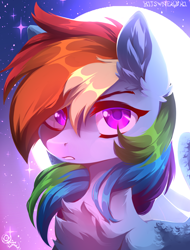 Size: 1100x1450 | Tagged: safe, artist:hakkerman, character:rainbow dash, species:pegasus, species:pony, g4, bust, chest fluff, colored pupils, ear fluff, female, mare, moon, night, night sky, portrait, sky, solo, starry night, stars, three quarter view